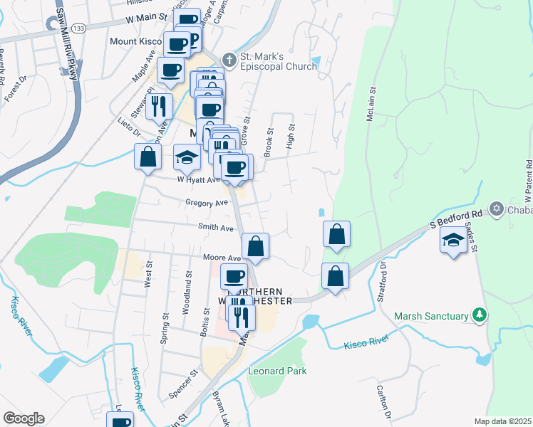 map of restaurants, bars, coffee shops, grocery stores, and more near 201 Grove Street in Mount Kisco