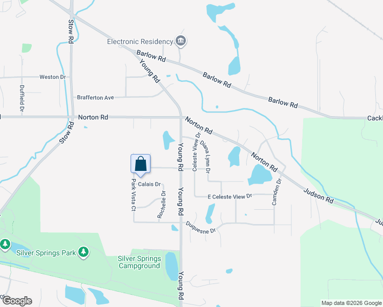 map of restaurants, bars, coffee shops, grocery stores, and more near 5457 Young Road in Stow