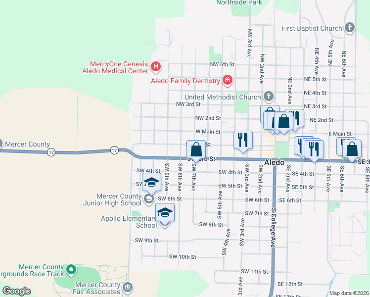 map of restaurants, bars, coffee shops, grocery stores, and more near 802 Southeast 2nd Avenue in Aledo