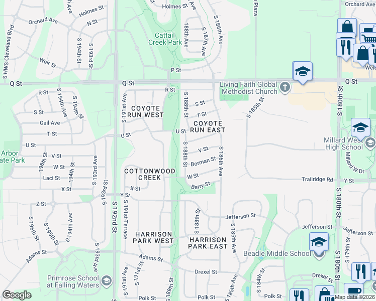 map of restaurants, bars, coffee shops, grocery stores, and more near 5704 South 188th Street in Omaha