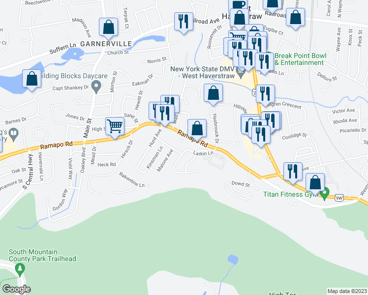 map of restaurants, bars, coffee shops, grocery stores, and more near 22 Larkin Lane in West Haverstraw