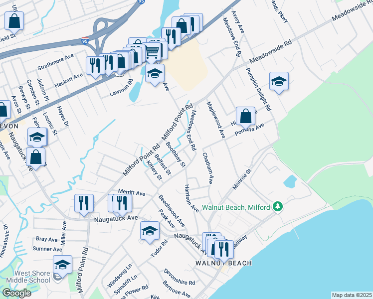map of restaurants, bars, coffee shops, grocery stores, and more near 299 Meadows End Road in Milford