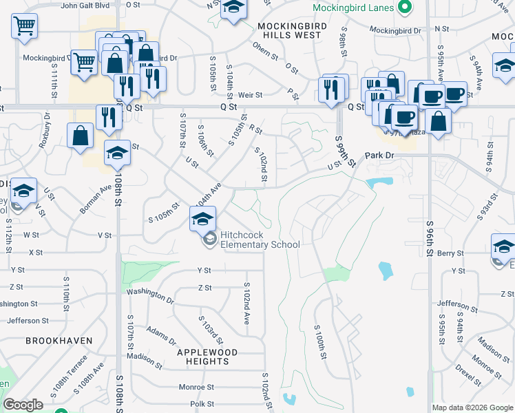 map of restaurants, bars, coffee shops, grocery stores, and more near 10205 U Street in Omaha