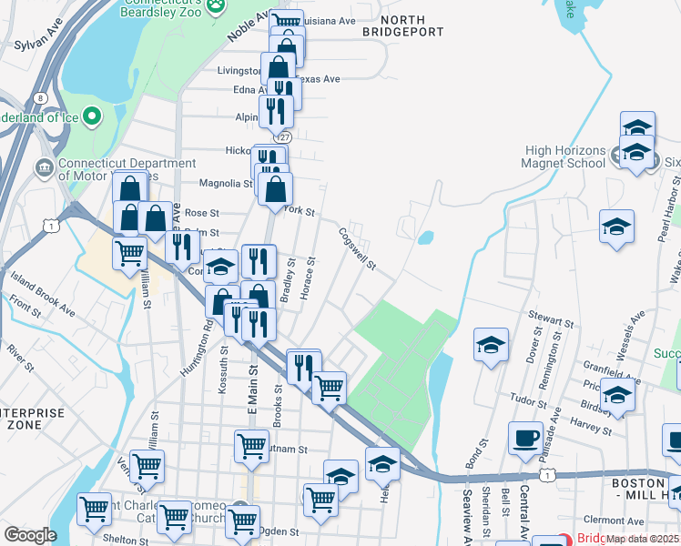 map of restaurants, bars, coffee shops, grocery stores, and more near 262 Goddard Avenue in Bridgeport