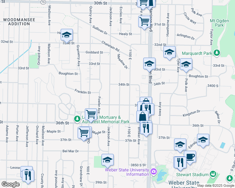 map of restaurants, bars, coffee shops, grocery stores, and more near 3445 Eccles Avenue in Ogden