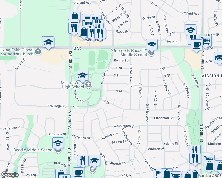 map of restaurants, bars, coffee shops, grocery stores, and more near 17534 V Street in Omaha