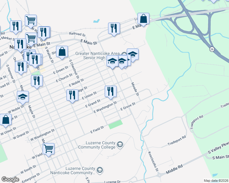 map of restaurants, bars, coffee shops, grocery stores, and more near 420 East Grand Street in Nanticoke