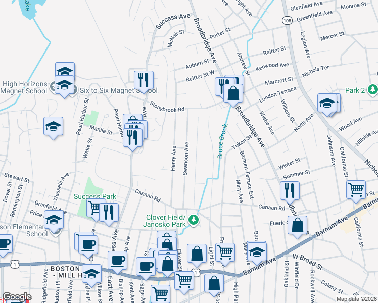 map of restaurants, bars, coffee shops, grocery stores, and more near 245 Swanson Avenue in Stratford