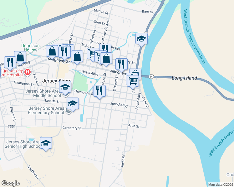 map of restaurants, bars, coffee shops, grocery stores, and more near 227 South Broad Street in Jersey Shore