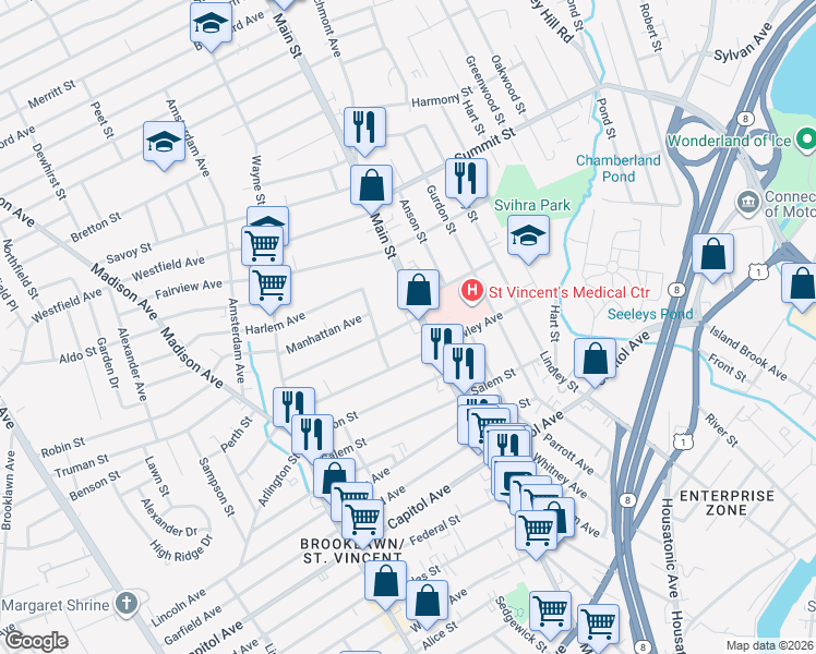 map of restaurants, bars, coffee shops, grocery stores, and more near 2800 Main Street in Bridgeport