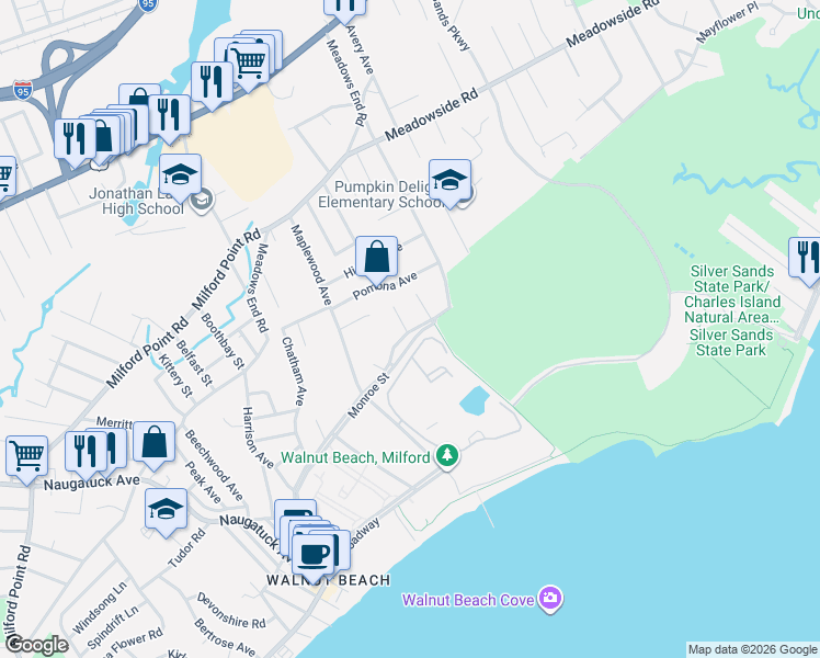 map of restaurants, bars, coffee shops, grocery stores, and more near 25 Jefferson Street in Milford