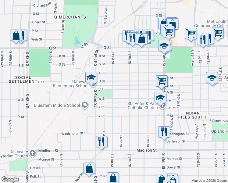 map of restaurants, bars, coffee shops, grocery stores, and more near 3945 V Street in Omaha