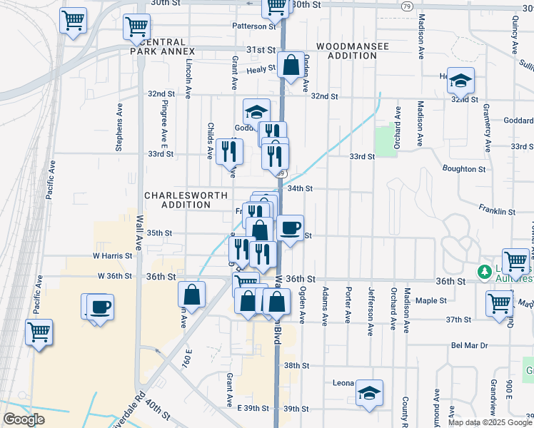 map of restaurants, bars, coffee shops, grocery stores, and more near 351 Franklin Street in Ogden