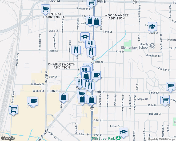 map of restaurants, bars, coffee shops, grocery stores, and more near 351 Franklin Street in Ogden
