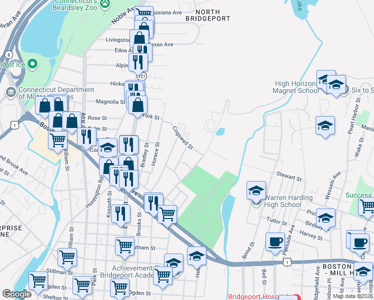 map of restaurants, bars, coffee shops, grocery stores, and more near 200 Cogswell Street in Bridgeport