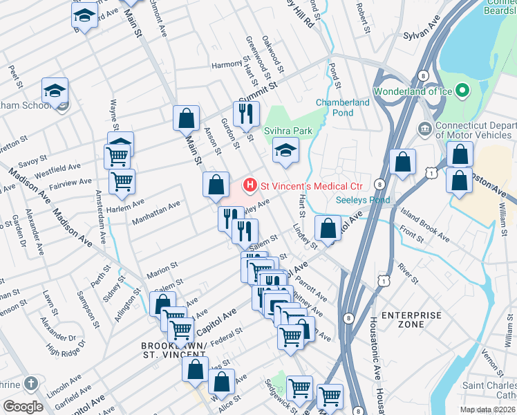 map of restaurants, bars, coffee shops, grocery stores, and more near 135 Gurdon Street in Bridgeport