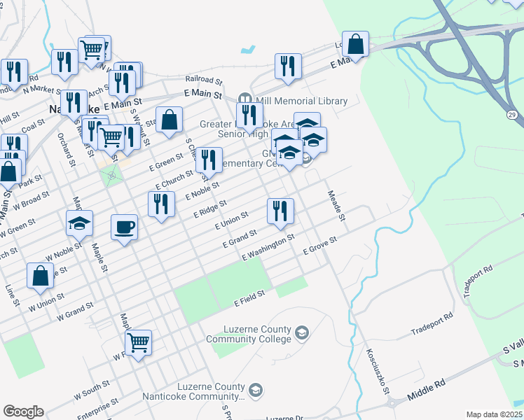map of restaurants, bars, coffee shops, grocery stores, and more near 393 East Union Street in Nanticoke