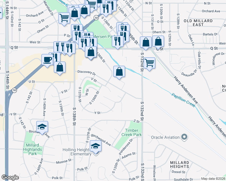 map of restaurants, bars, coffee shops, grocery stores, and more near 13520 V Circle in Omaha