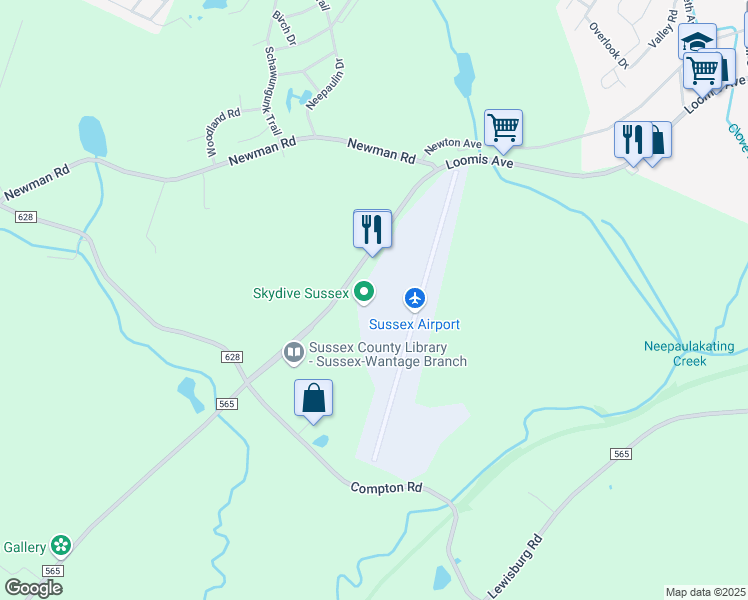 map of restaurants, bars, coffee shops, grocery stores, and more near 53 County Road 639 in Sussex