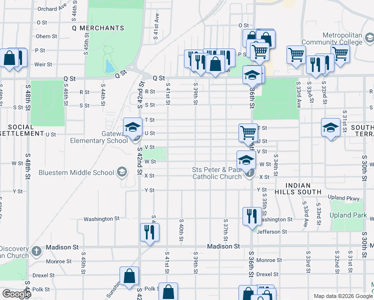 map of restaurants, bars, coffee shops, grocery stores, and more near 3913 V Street in Omaha