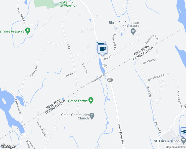 map of restaurants, bars, coffee shops, grocery stores, and more near 1 Scenic Drive in South Salem