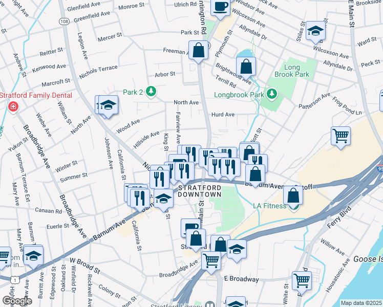 map of restaurants, bars, coffee shops, grocery stores, and more near 1075 James Street in Stratford