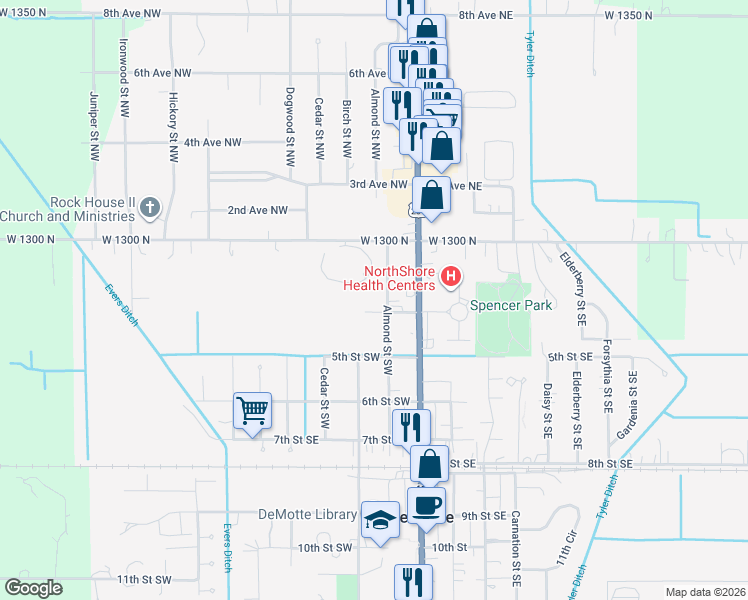 map of restaurants, bars, coffee shops, grocery stores, and more near 200 3rd Street Southwest in De Motte