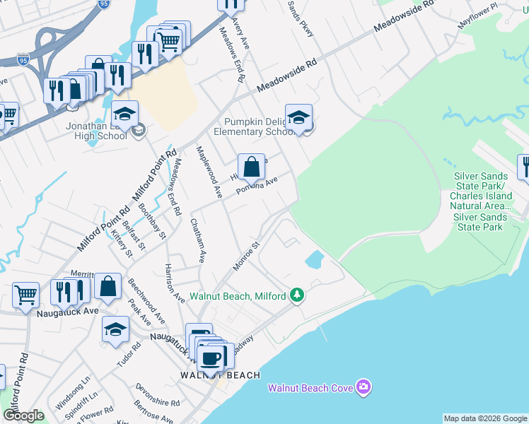 map of restaurants, bars, coffee shops, grocery stores, and more near 25 Jefferson Street in Milford