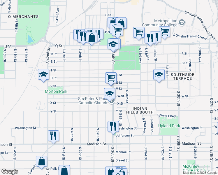 map of restaurants, bars, coffee shops, grocery stores, and more near 3621 V Street in Omaha