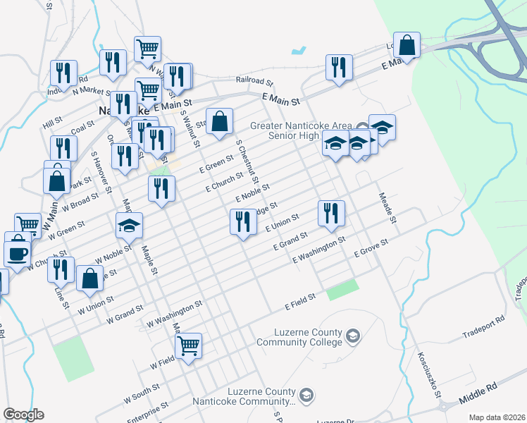map of restaurants, bars, coffee shops, grocery stores, and more near 292 East Union Street in Nanticoke