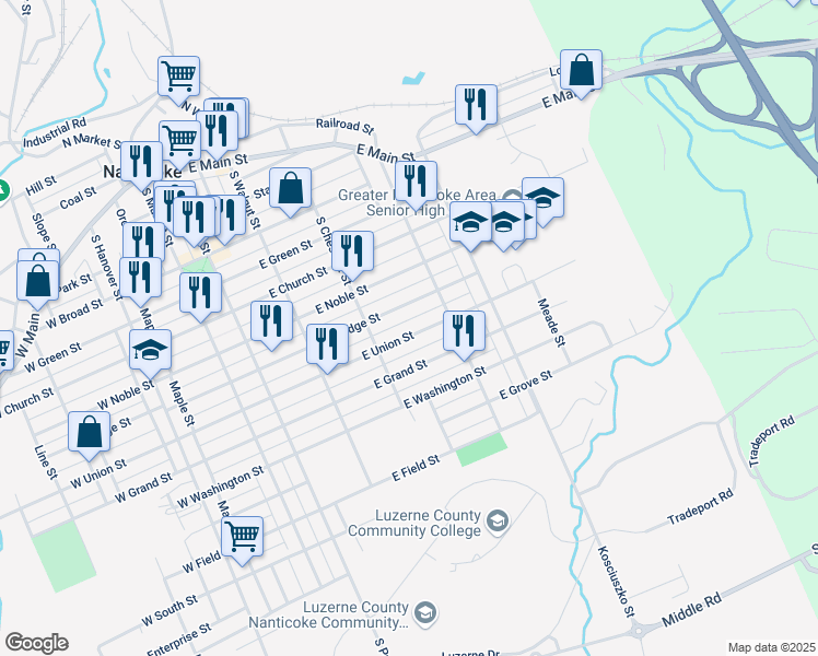 map of restaurants, bars, coffee shops, grocery stores, and more near 352-358 E Union St in Nanticoke