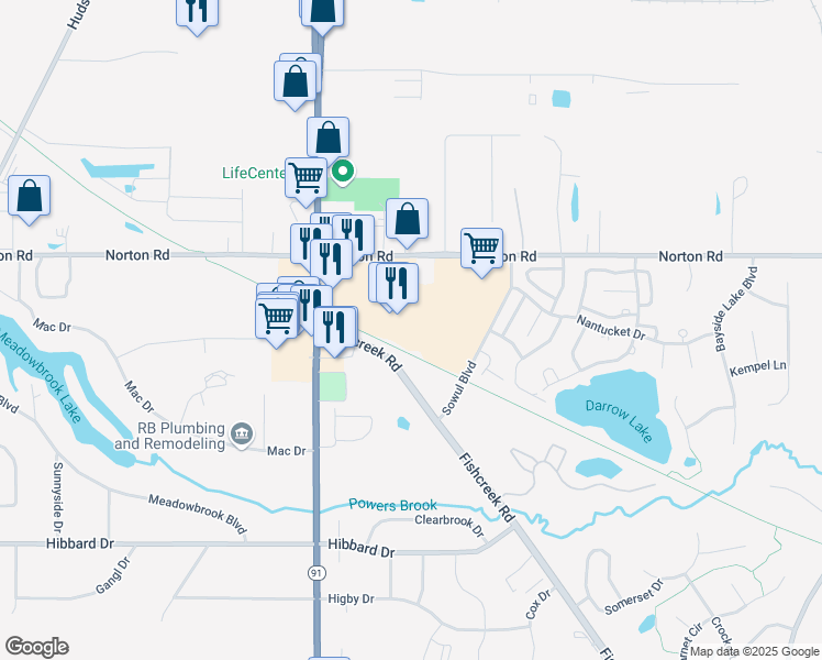 map of restaurants, bars, coffee shops, grocery stores, and more near 1664 Norton Road in Stow
