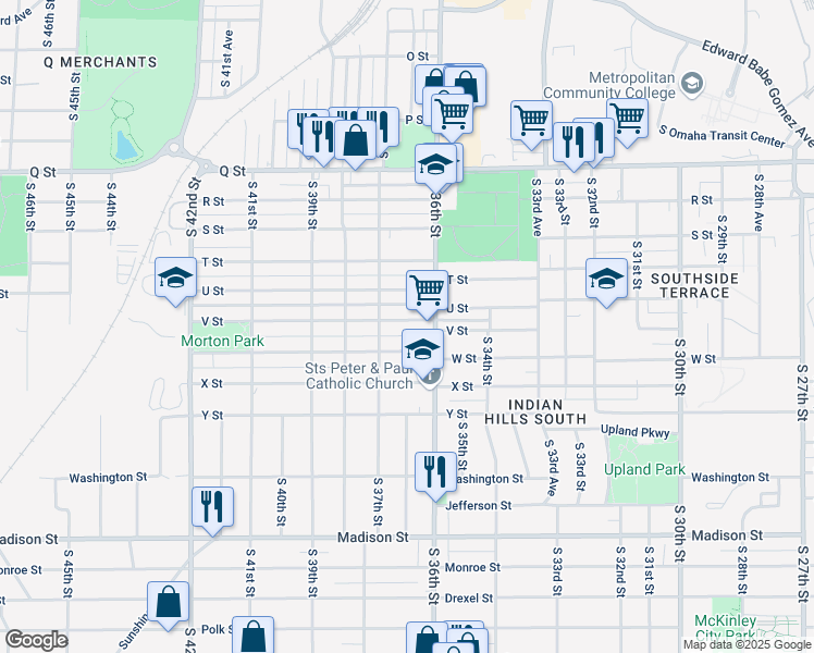 map of restaurants, bars, coffee shops, grocery stores, and more near 3621 V Street in Omaha