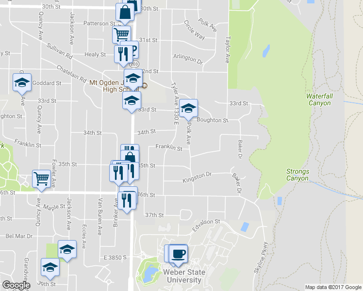 map of restaurants, bars, coffee shops, grocery stores, and more near 1374 Franklin Street in Ogden
