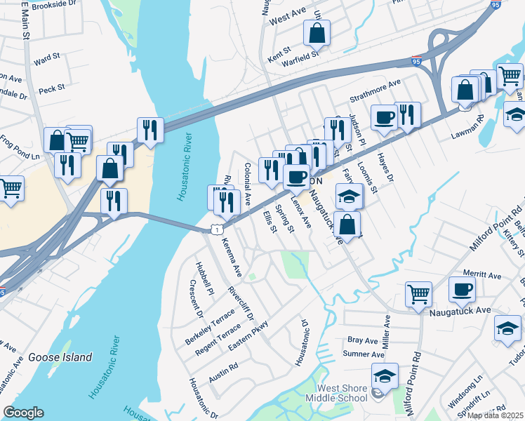map of restaurants, bars, coffee shops, grocery stores, and more near 79 Bridgeport Avenue in Milford