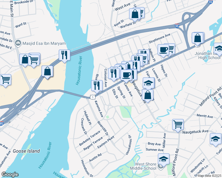 map of restaurants, bars, coffee shops, grocery stores, and more near 79 Bridgeport Avenue in Milford