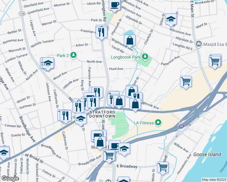 map of restaurants, bars, coffee shops, grocery stores, and more near 2944 Main Street in Stratford
