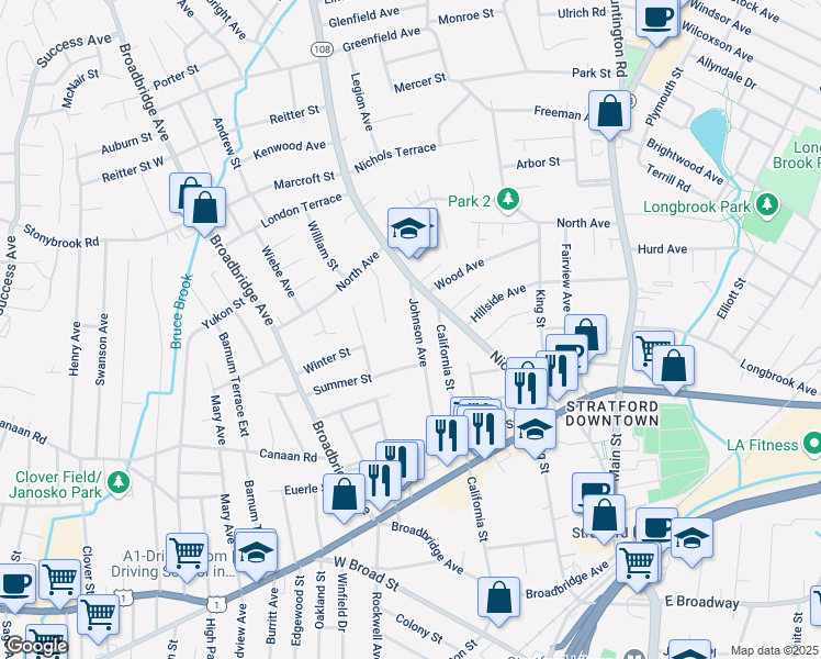 map of restaurants, bars, coffee shops, grocery stores, and more near 235 Johnson Avenue in Stratford