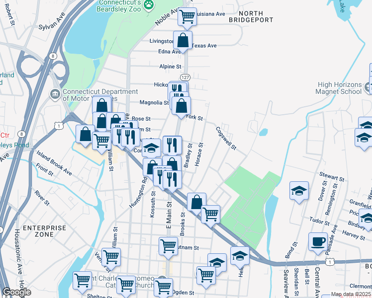 map of restaurants, bars, coffee shops, grocery stores, and more near 177 Bradley Street in Bridgeport