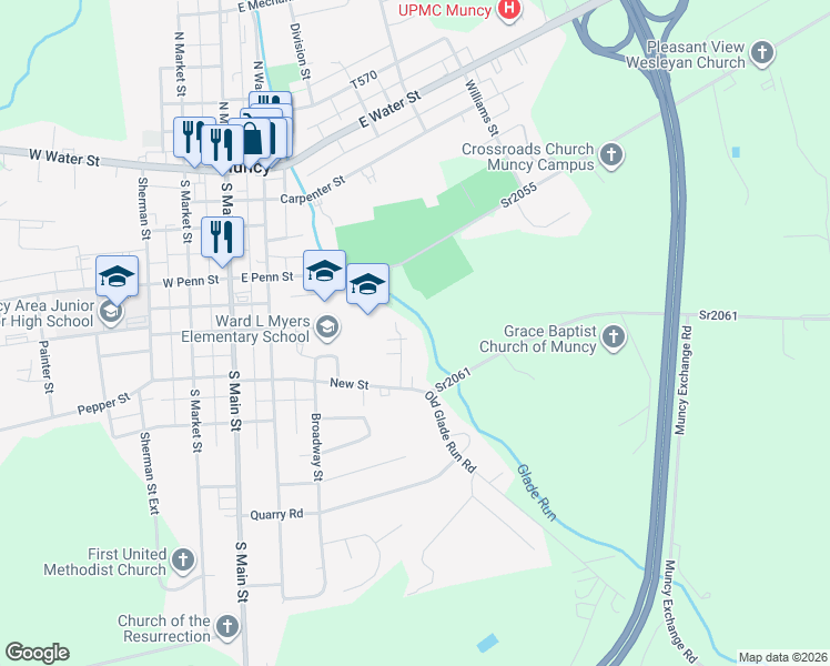 map of restaurants, bars, coffee shops, grocery stores, and more near 36 Park Place North in Muncy