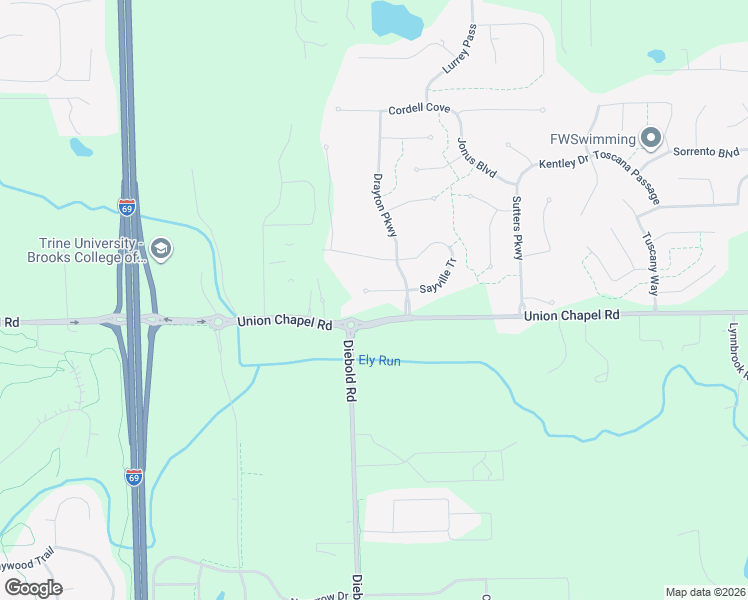 map of restaurants, bars, coffee shops, grocery stores, and more near 4183-4327 Union Chapel Road in Fort Wayne