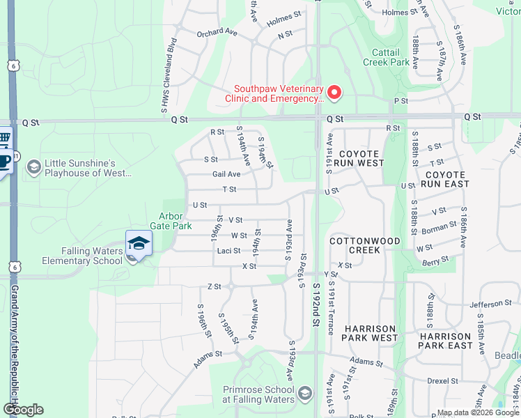 map of restaurants, bars, coffee shops, grocery stores, and more near 19382 V Street in Omaha