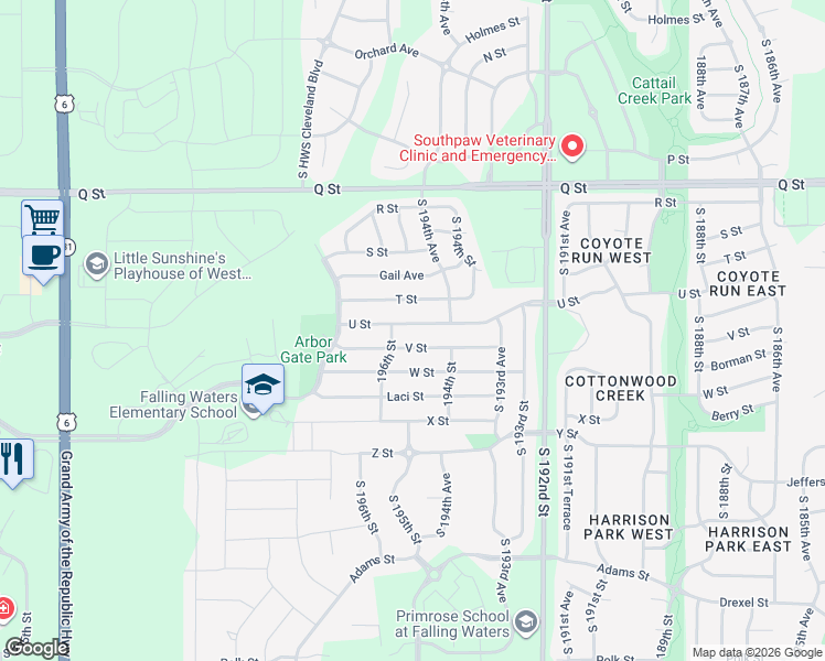 map of restaurants, bars, coffee shops, grocery stores, and more near 19426 V Street in Omaha