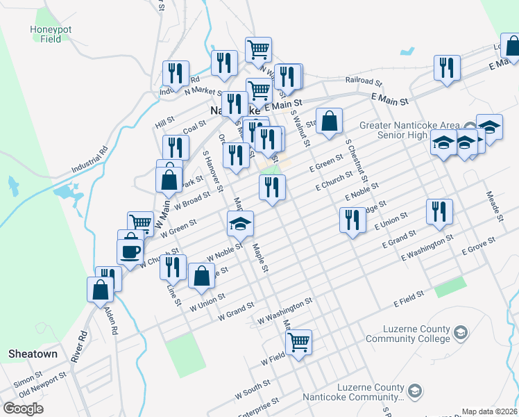 map of restaurants, bars, coffee shops, grocery stores, and more near 18 West Church Street in Nanticoke