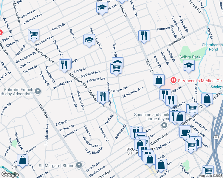 map of restaurants, bars, coffee shops, grocery stores, and more near 293 Harlem Avenue in Bridgeport