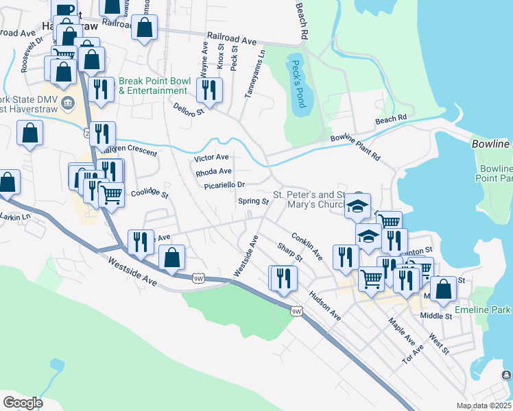 map of restaurants, bars, coffee shops, grocery stores, and more near 18 Gurnee Avenue in Haverstraw
