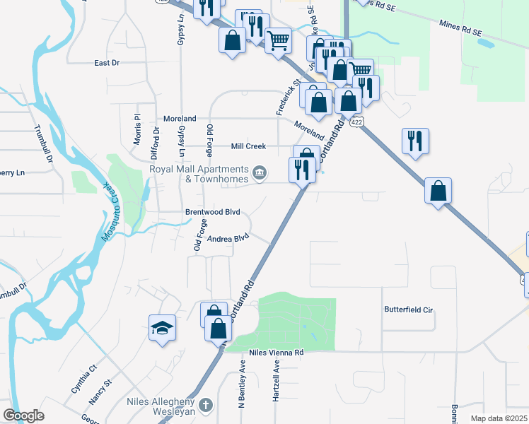 map of restaurants, bars, coffee shops, grocery stores, and more near 1370 Niles Cortland Road in Niles