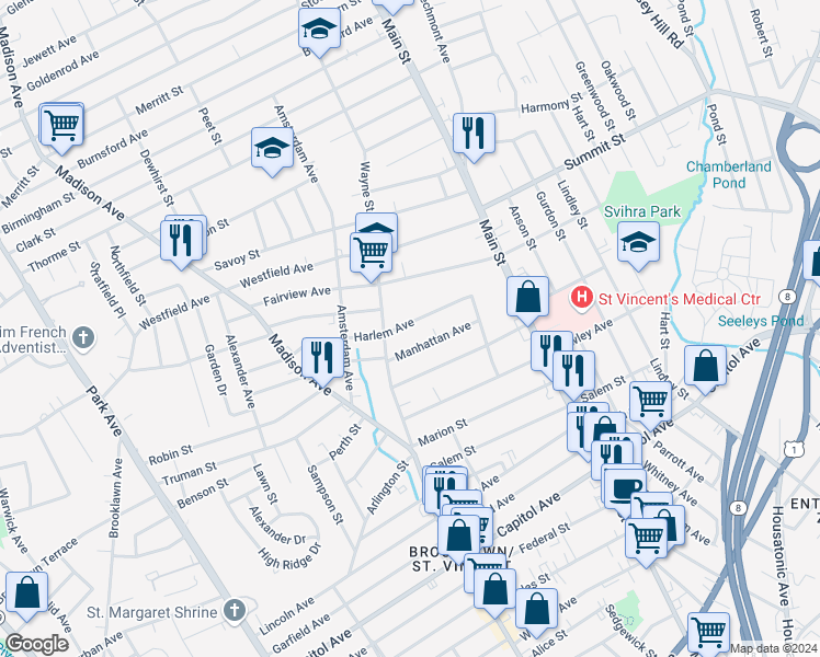 map of restaurants, bars, coffee shops, grocery stores, and more near 145 Harlem Avenue in Bridgeport