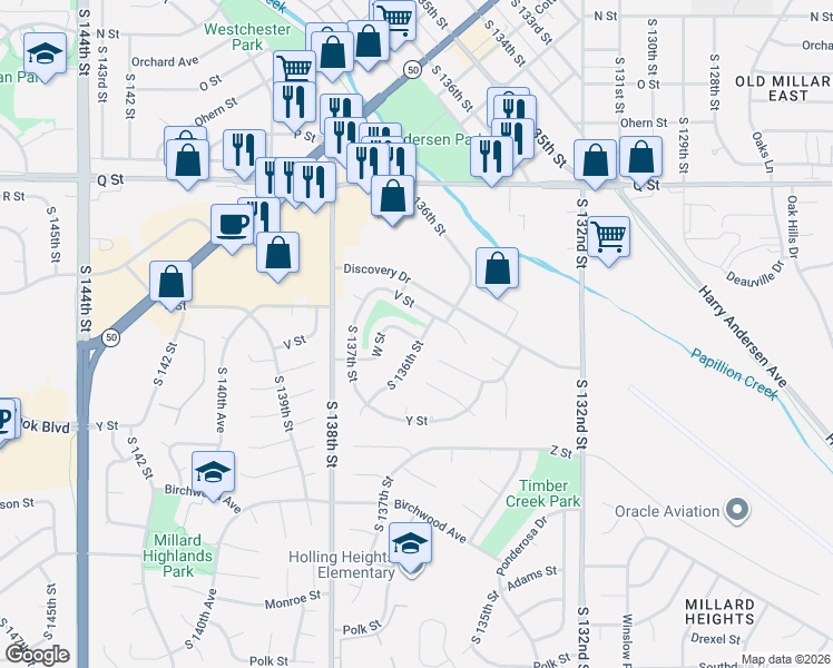 map of restaurants, bars, coffee shops, grocery stores, and more near 5806 South 136th Street in Omaha