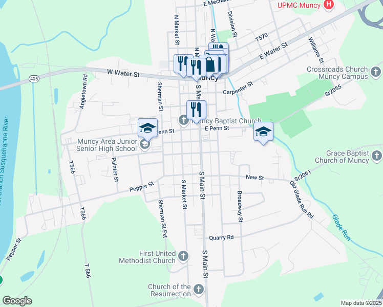 map of restaurants, bars, coffee shops, grocery stores, and more near Mc Carty Alley in Muncy